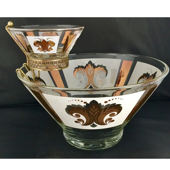 Vintage Anchor Hocking Festive Pattern 22k Gold/White Chip & Dip Set MCM - Picture 4 of 15